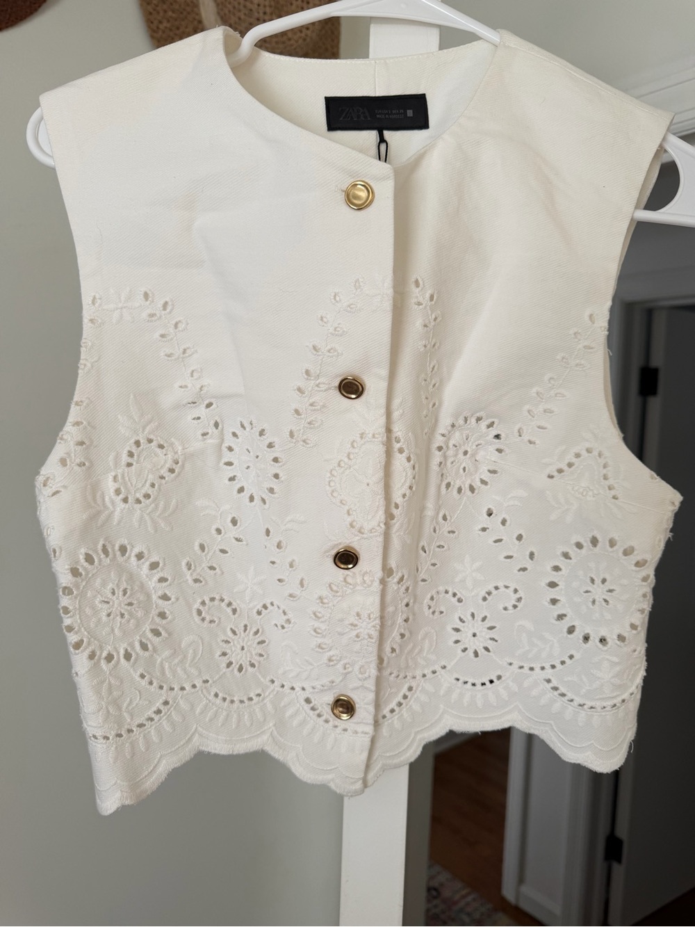 Zara Eyelet Button-Front Vest with Gold Buttons
